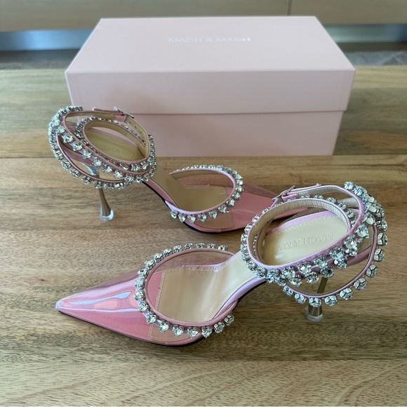 🆕 Mach & Mach Audrey Crystal Hearts Pink PVC Pumps - Picture 2 of 16